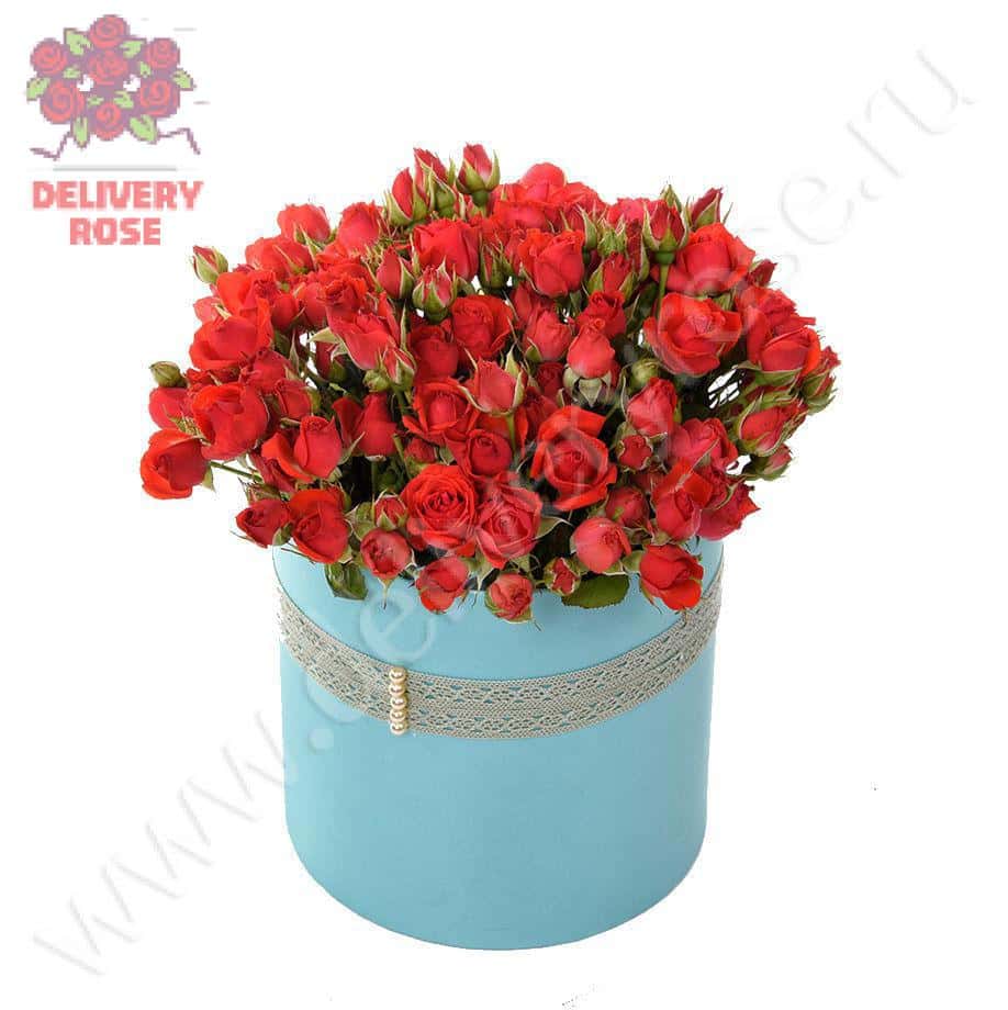 Красные кустовые розы в шляпной коробке. Cтандарт